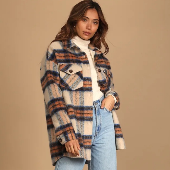 Lulus Jackets & Blazers - NWT Lulu's Cozy Callings Beige Multi Plaid Shacket